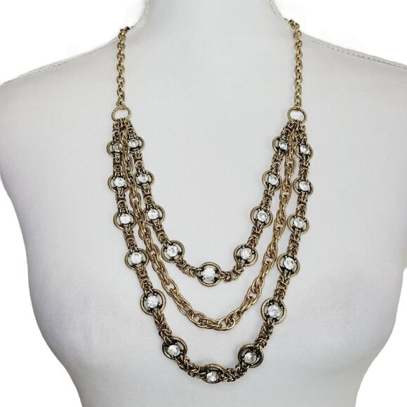 Antiqued Gold Tone Triple Strand Necklace Rhinestones Weighty Nautical Clasp 32" - Picture 1 of 7